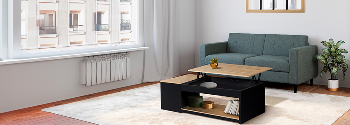 Table basse plateau relevable rectangulaire ELEA avec coffre bois noir et façon hêtre